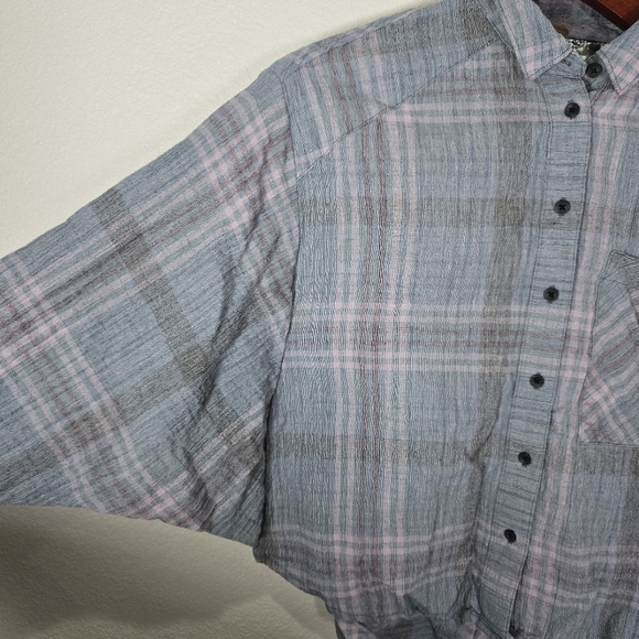 Free People Cutie Metallic Plaid Blue Dolman Cropped Button Down Boho‎ Chic XS - Picture 3 of 10
